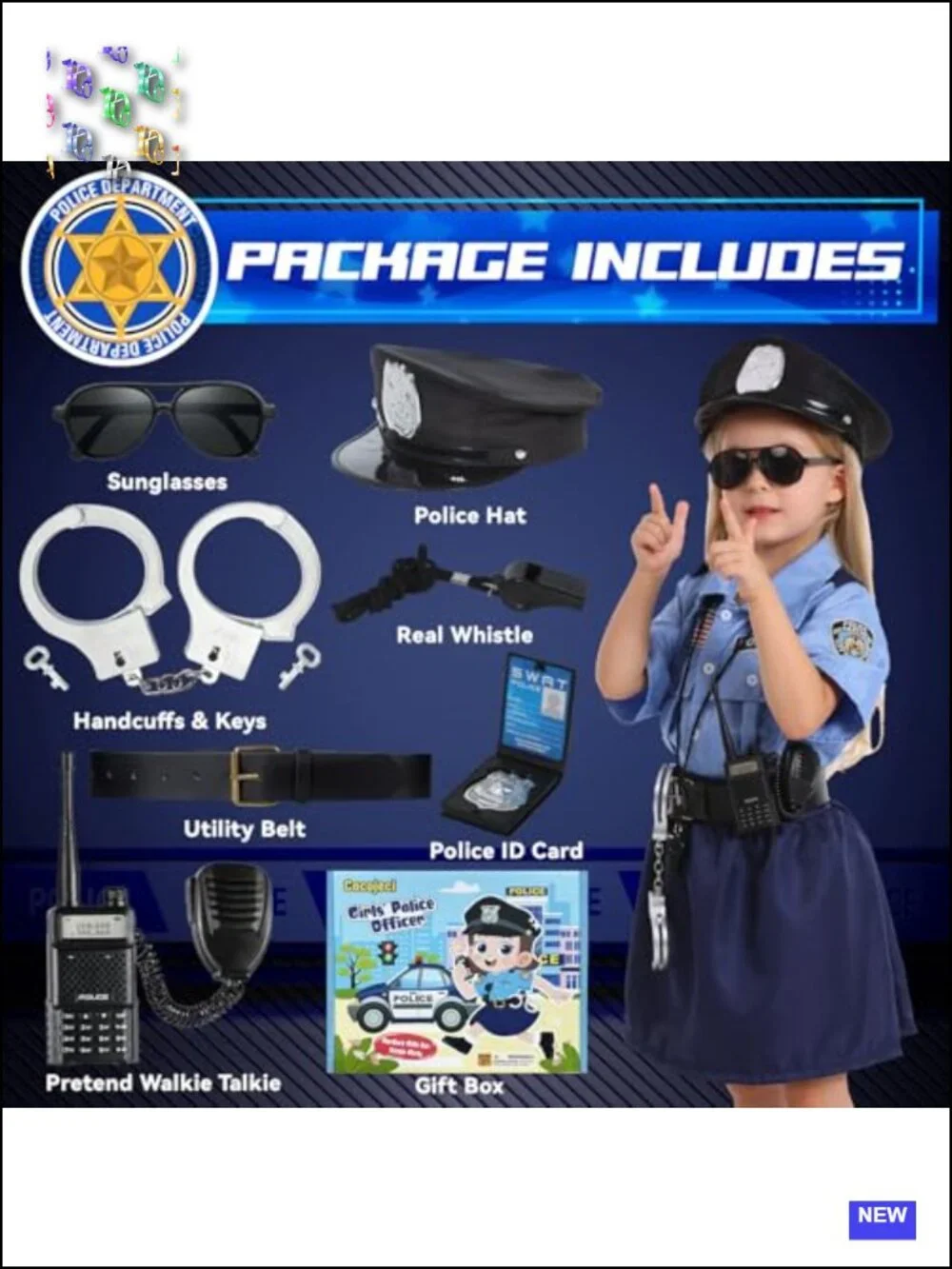 Kids Police Officer Costume with Accessories, Pretend Play Outfit for Girls